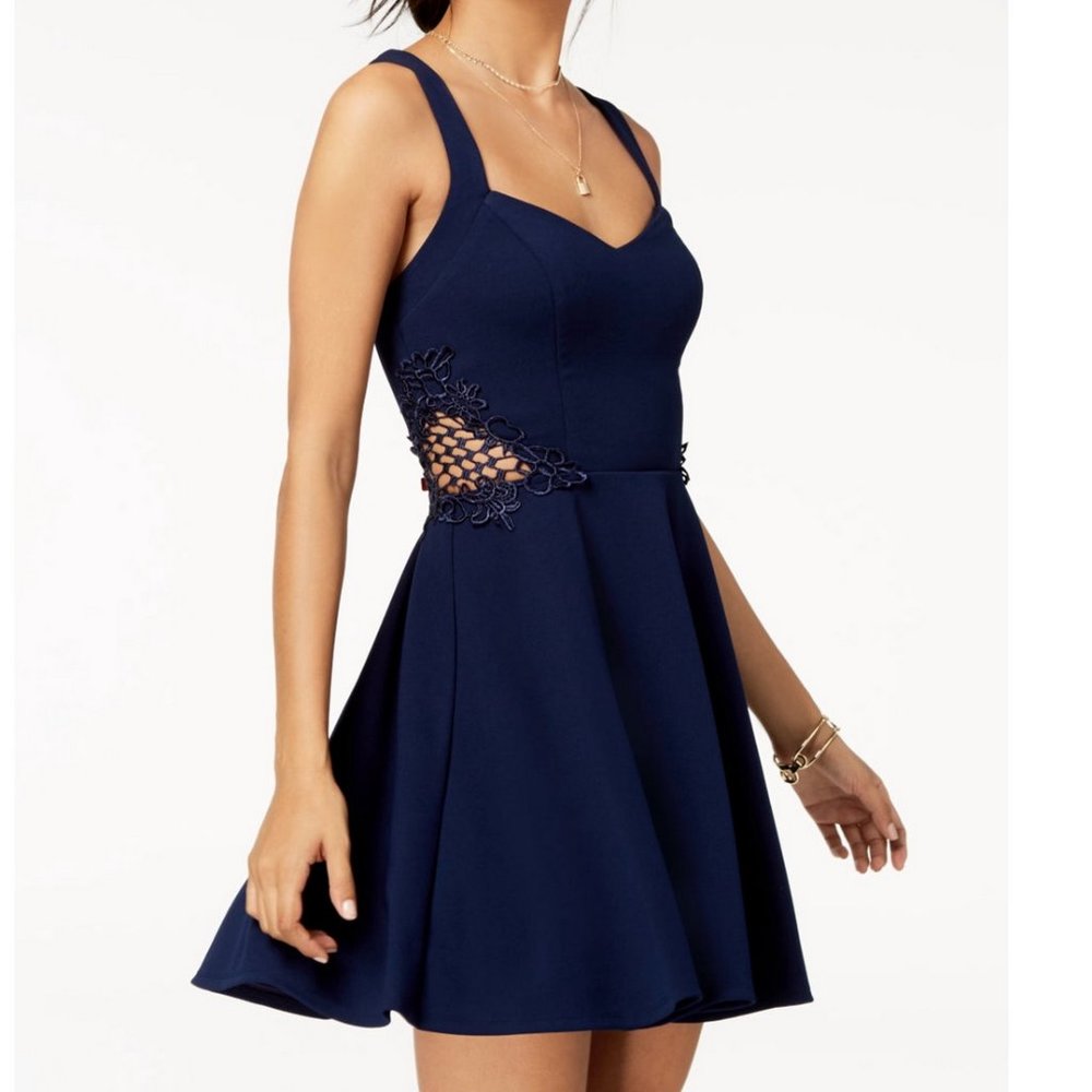 City Studios Juniors Cutout Crisscross Fit And Flare Blue Mini Dress, size 0